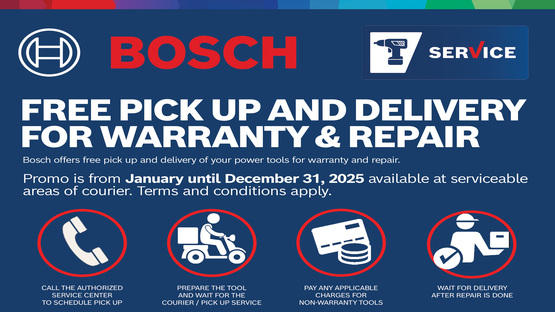 Bosch service banner offers free pickup and delivery for warranty and repair of tools.