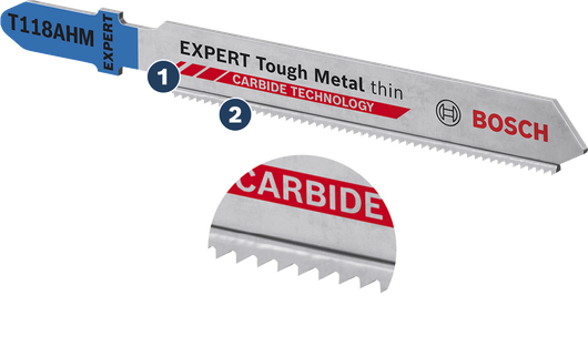 Bosch jigsaw blade T118AHM for thin metal with carbide technology.