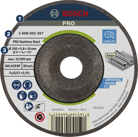 Bosch PRO Stainless Steel Grinding Disc 100 x 6 x 16 mm.