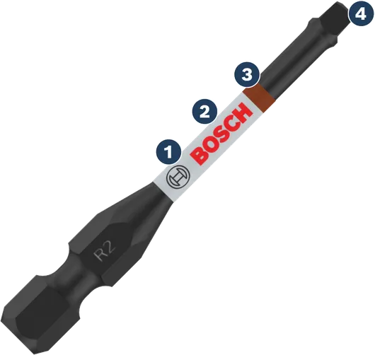 Bosch R2 screwdriver bit with labeled durability feature.