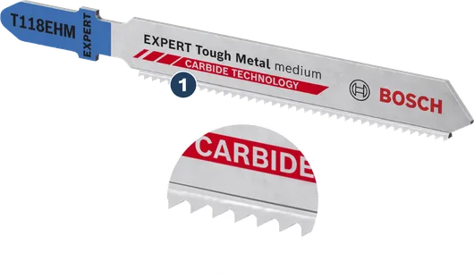 Bosch EXPERT Tough Metal medium T118EHM jigsaw blade with carbide teeth.