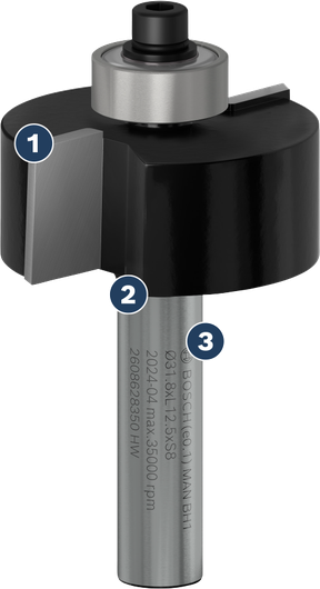 Bosch router bit with ball bearing guide for woodworking.