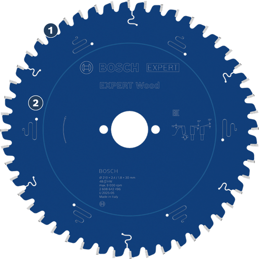 Bosch Expert Wood circular saw blade for clean wood cutting.