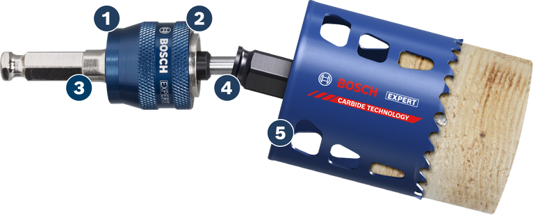 Bosch Expert hole saw with carbide technology cutting wood.