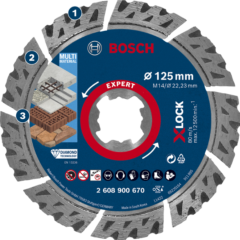 Long Life cutting construction materials Bosch Expert X-LOCK 125mm multi material diamond cutting disc.
