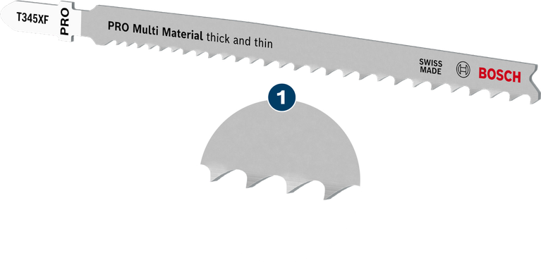 Bosch T345XF PRO Multi Material jigsaw blade for thick and thin cuts.