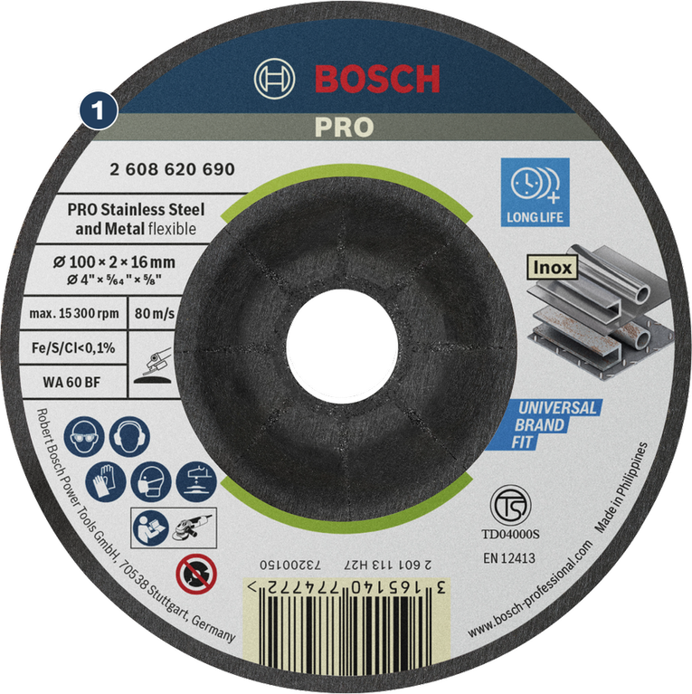 Bosch PRO semi-flexible grinding disc 100 x 2 x 16 mm.