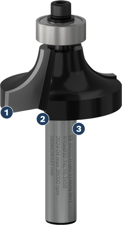 Bosch roundover router bit with ball bearing guide.