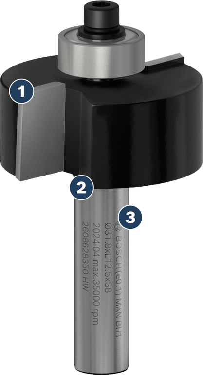 Bosch router bit with ball bearing guide for woodworking.