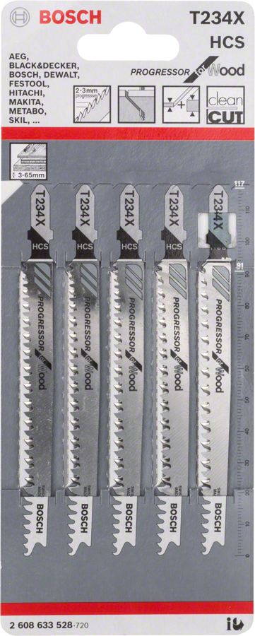 Bosch T 234 X jigsaw blade pack for clean wood cuts.