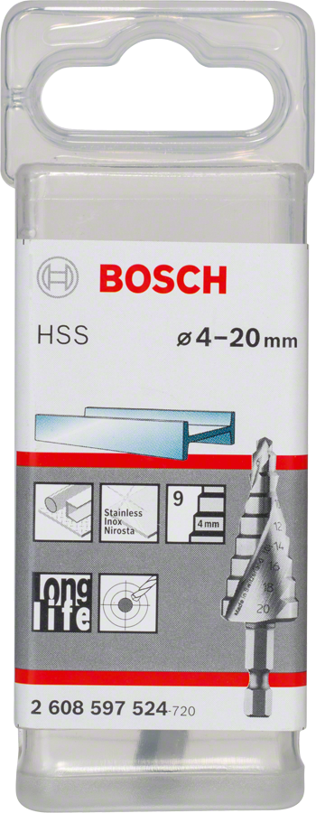 Bosch HSS step drill bit 4-20mm for stainless steel.