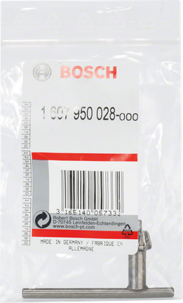 Bosch chuck key for drill machines in a sealed package.