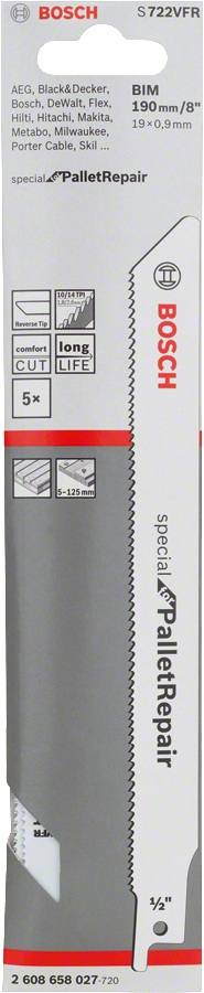 Bosch S 722 VFR bi-metal reciprocating saw blade for pallet repair.