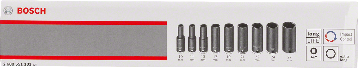 Bosch 9-piece extra long impact socket set 10-27 mm.