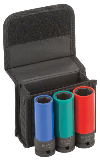 Bosch impact socket set with 17, 19, 21mm sizes.