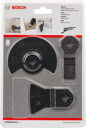 Bosch 3-piece basic tile set for multi-tool cutting.