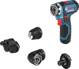 Bosch GSR 12V-15 FC cordless drill set with four attachments.