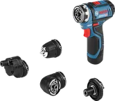 Bosch GSR 12V-15 FC cordless drill set with four attachments.