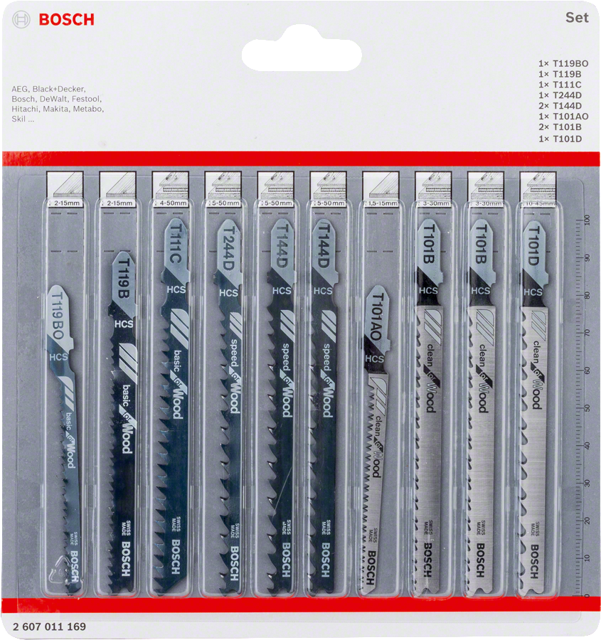 Bosch 10-piece T-Shank jigsaw blade set for wood.