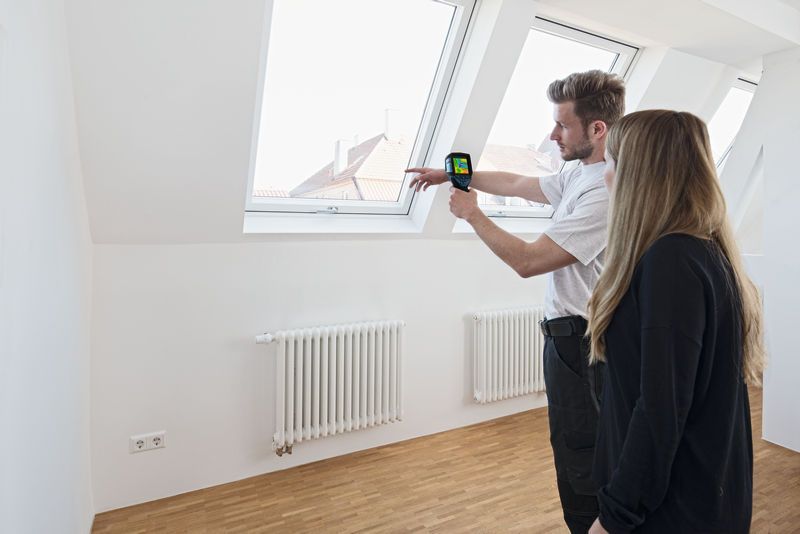 GTC 400 C Person demonstrates a thermo camera to another person near a window in a bright room.