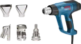 Bosch GHG 20-63 heat gun with five nozzle attachments.