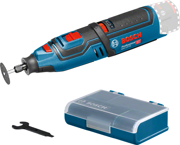 Bosch GRO 12V-35 cordless rotary tool set.