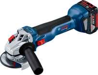 Bosch GWS 18V-10 cordless angle grinder with accessories.