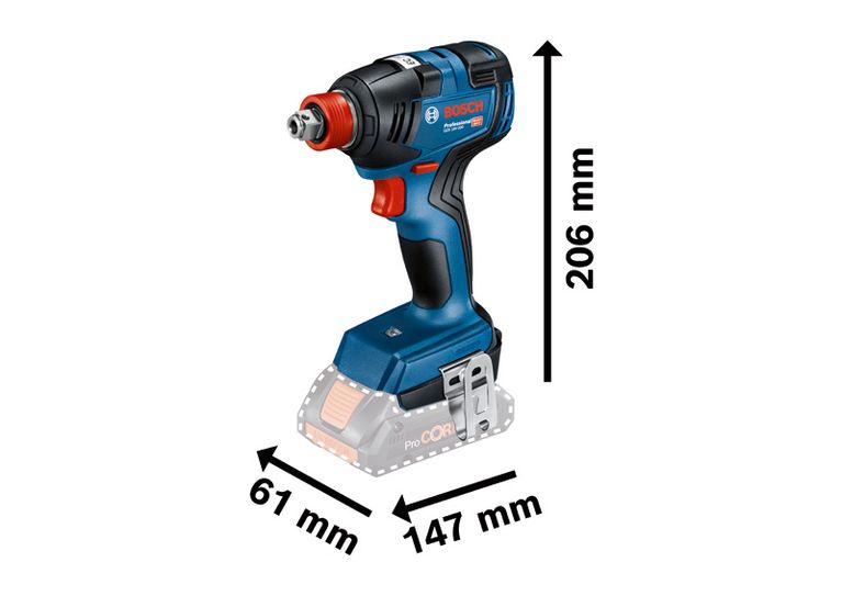 Bosch GDX 18V-200 impact driver with dimensions shown.