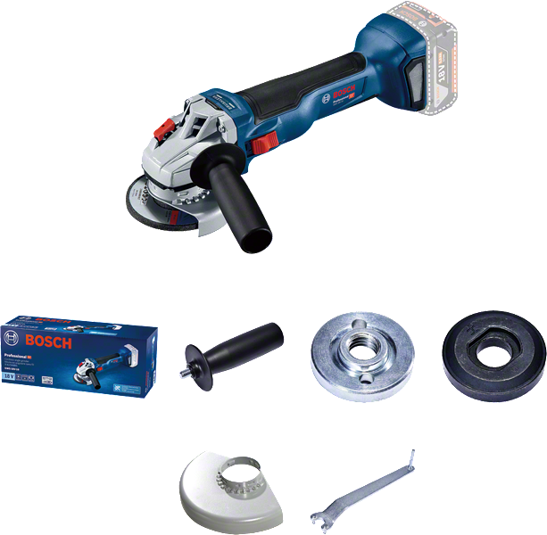 Bosch GWS 18V-10 cordless angle grinder with accessories.