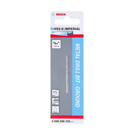 Metal drill bits HSS-G, DIN 338 Bosch 5/64″ HSS-G metal drill bit.