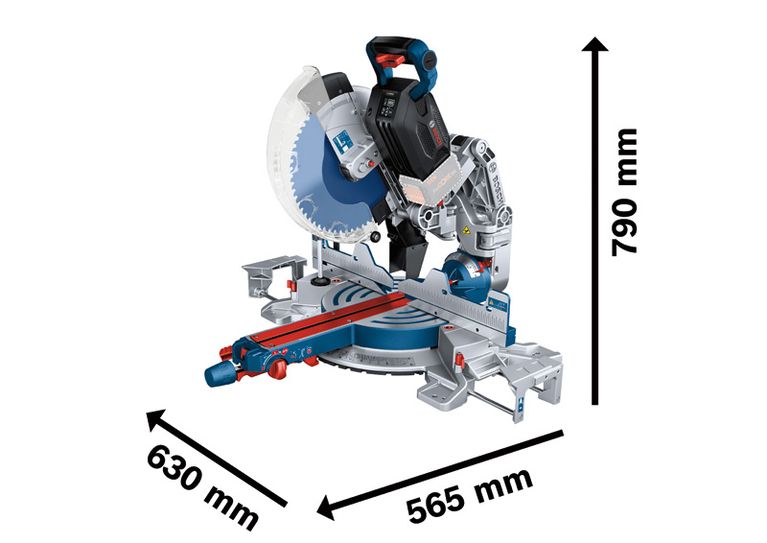 Bosch GCM 18V-305 GDC cordless mitre saw with dimensions.