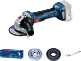 Bosch GWS 180-LI cordless angle grinder with accessories.