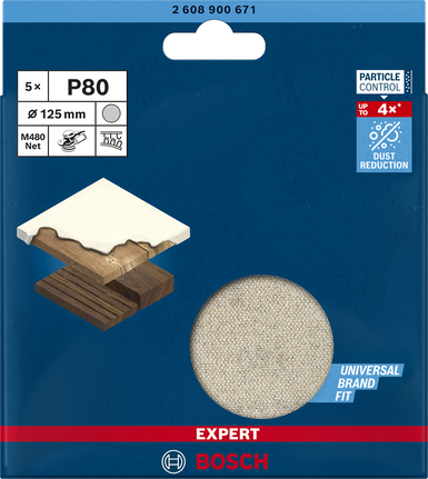 EXPERT M480 Sanding Net for Random Orbital Sanders 125 mm, G 80 5-pc Bosch EXPERT M480 sanding net 125 mm P80.