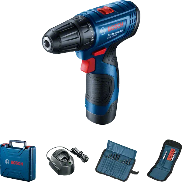 Bosch GSR 120-LI cordless drill set with accessories.