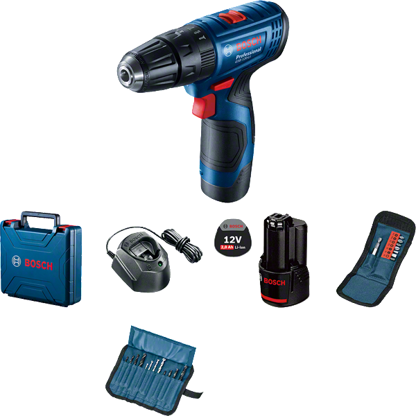 Bosch GSB 120-LI cordless drill set with accessories.