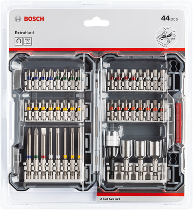 Pick & Click Extra Hard Screwdriver Bits Mixed Set, 44-piece Bosch 44-piece Extra Hard screwdriver bits set.