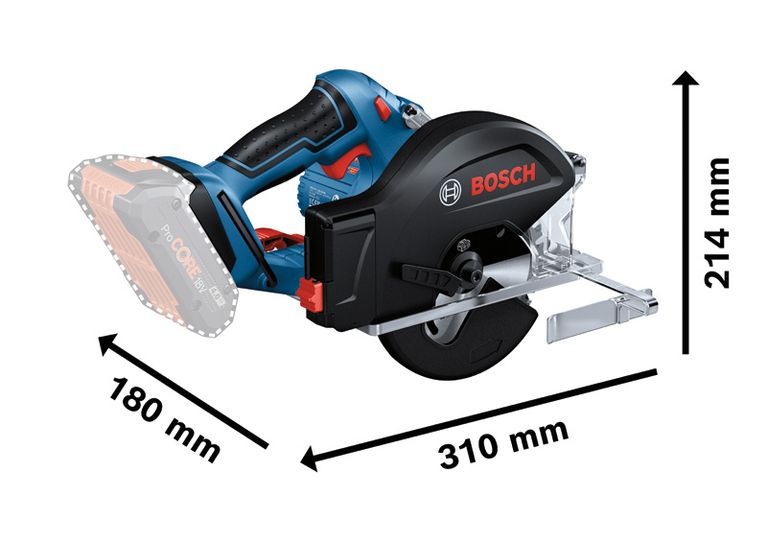 Bosch GKM 18V-50 metal circular saw with dimensions.