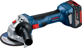Bosch GWS 180-LI cordless angle grinder with accessories.