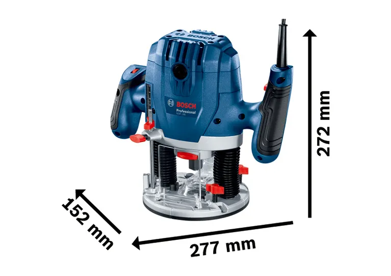 Bosch GOF 130 router with 1300W input and 55mm stroke.