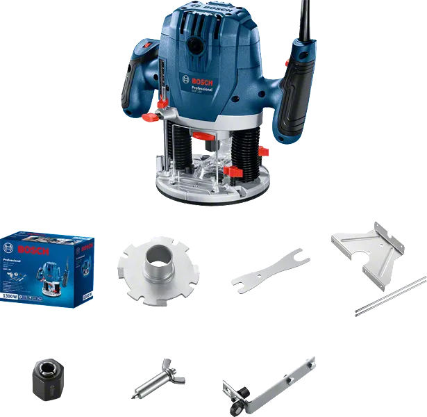 Bosch GOF 130 router with accessories for woodworking.