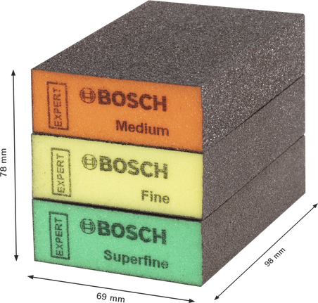 EXPERT S471 Standard Sanding Block, 26 x 69 x 97 mm, Medium, Fine, Super Fine, 3 pcs Bosch EXPERT S471 sanding block set, medium fine superfine.