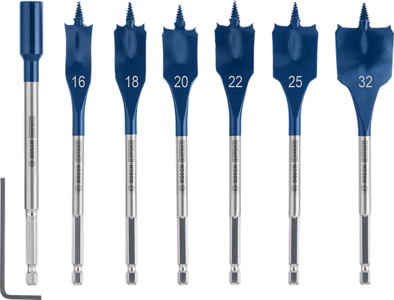 EXPERT Self Cut Speed Spade Drill Bit Set 16/18/20/22/25/32 mm 7-pc Bosch EXPERT Self Cut Speed spade drill bit set 7-piece.