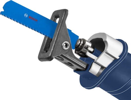 Reciprocating saw attachment with a blue blade mounted on a power tool.