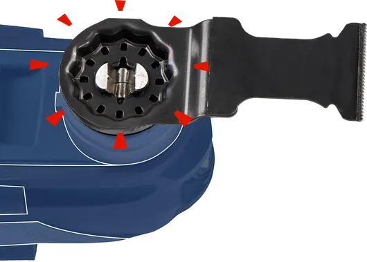 Oscillating tool head with multi-tool saw blade attachment and red arrows indicating blade fitting.