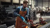 A person wearing safety equipment cuts metal pipe with a power tool in an industrial workshop.