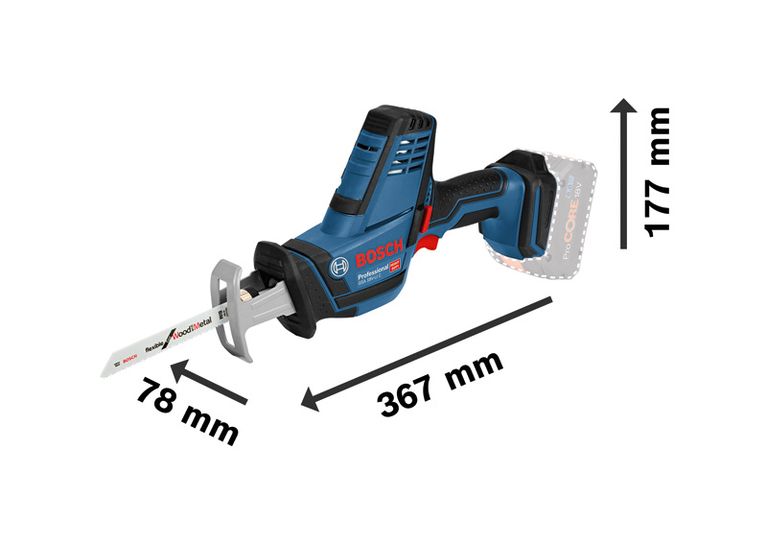 Bosch GSA 18.0 V-LI C cordless reciprocating saw, 200 mm wood cut.