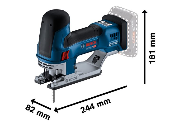 Bosch GST 18V-155 SC cordless jigsaw with cutting depth markings.