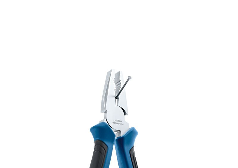 Plier Set 3 pcs Bosch combination pliers holding a nail.