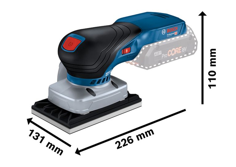 GSS 18V-13 Bosch GSS 18V-13 cordless orbital sander with dimensions.