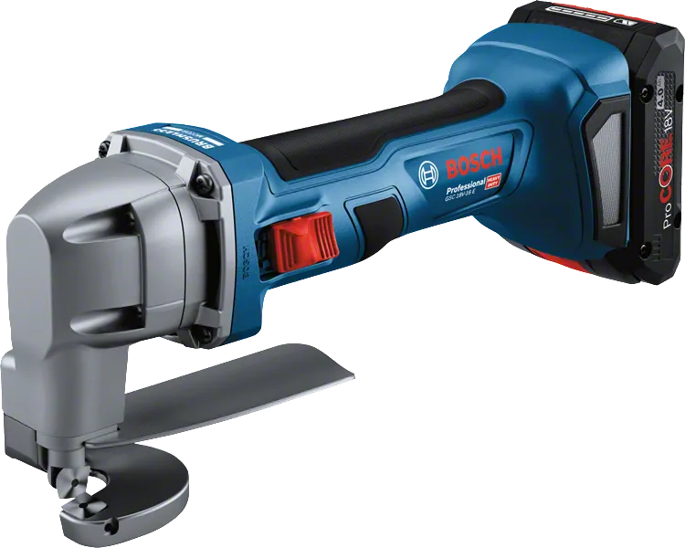 Bosch GSC 18V-16 E cordless metal shear for cutting steel.